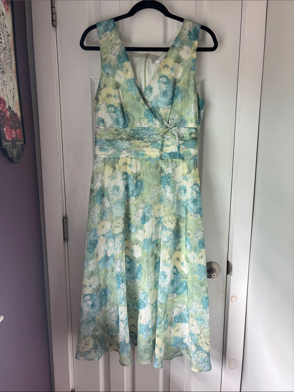 dressbarn Pastel Floral V-Neck Midi Dress in Blue and Green